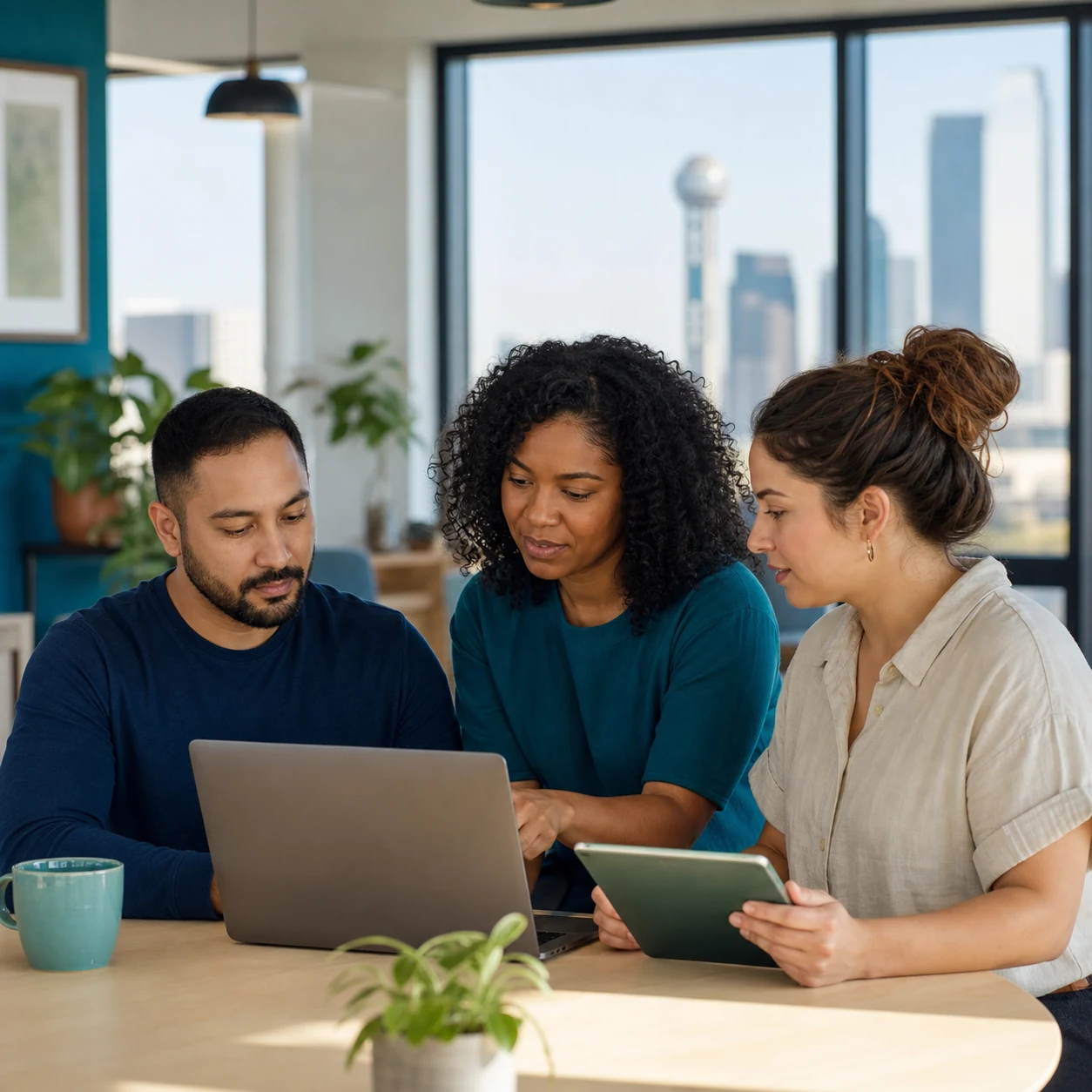 Dallas–Fort Worth residents collaborating around a laptop and tablet